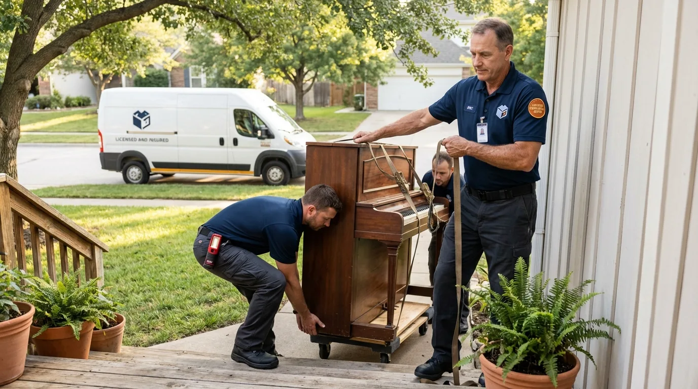 Licensed piano movers securing grand piano in Latta, SC