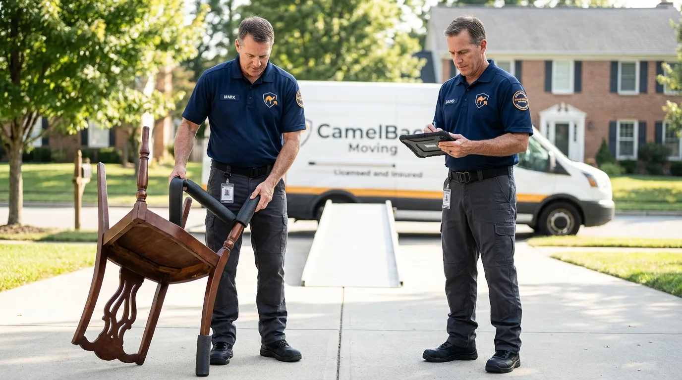 Movers inspecting furniture for damage prevention before loading in Latta, SC