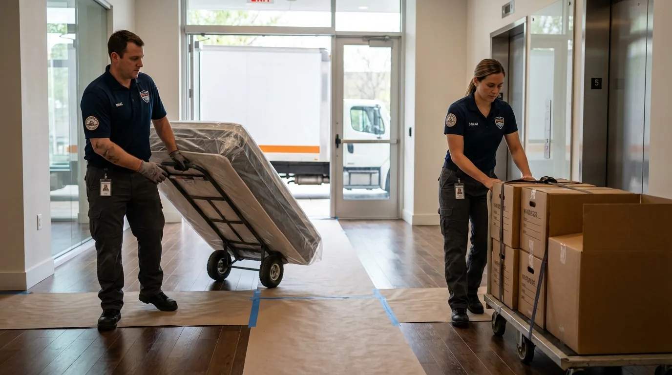 Professional apartment movers loading elevator in Latta, SC